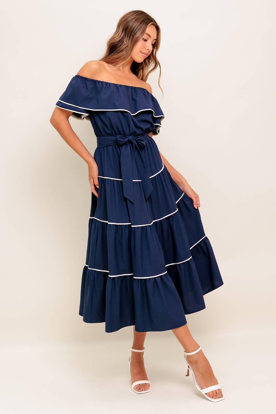 BUTTERCREAM DREAM NAVY WOVEN MIDI DRESS Flying Tomato