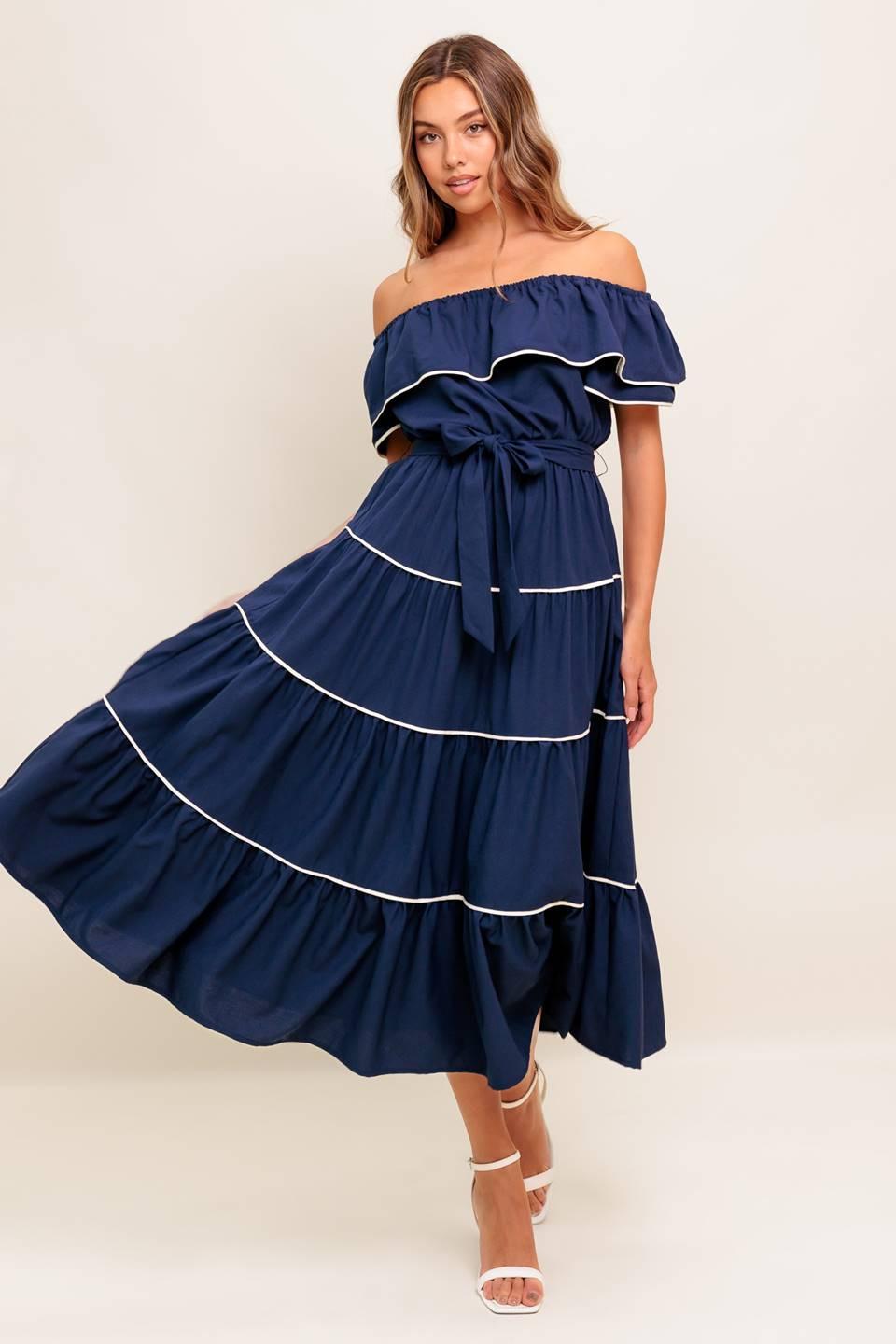 BUTTERCREAM DREAM NAVY WOVEN MIDI DRESS Flying Tomato