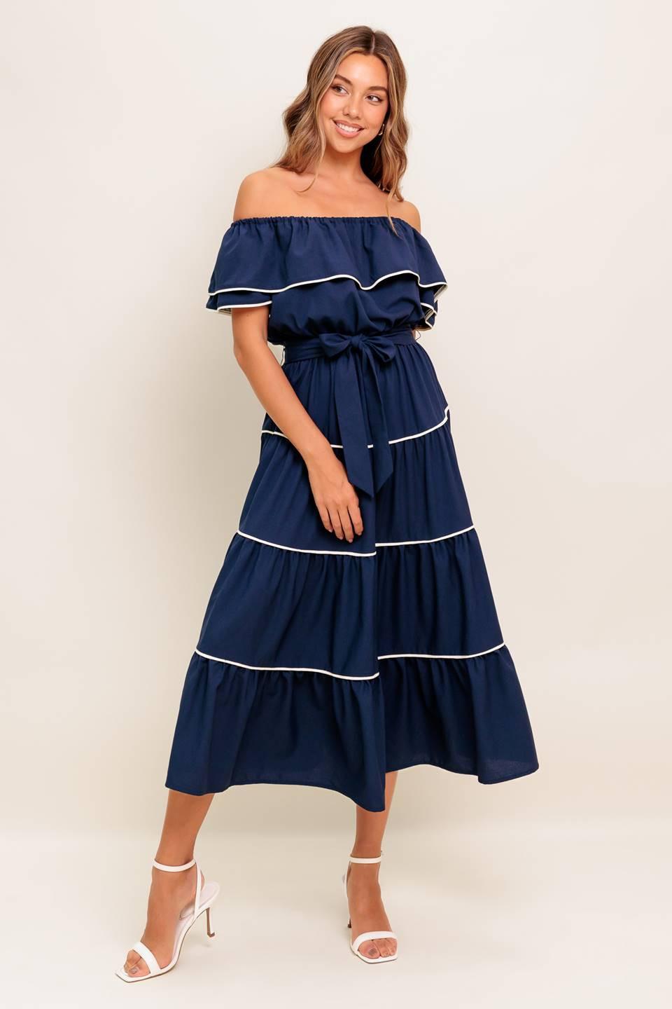 BUTTERCREAM DREAM NAVY WOVEN MIDI DRESS Flying Tomato