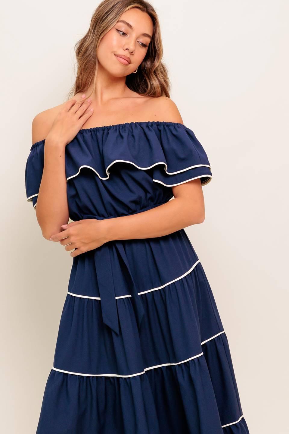 BUTTERCREAM DREAM NAVY WOVEN MIDI DRESS Flying Tomato
