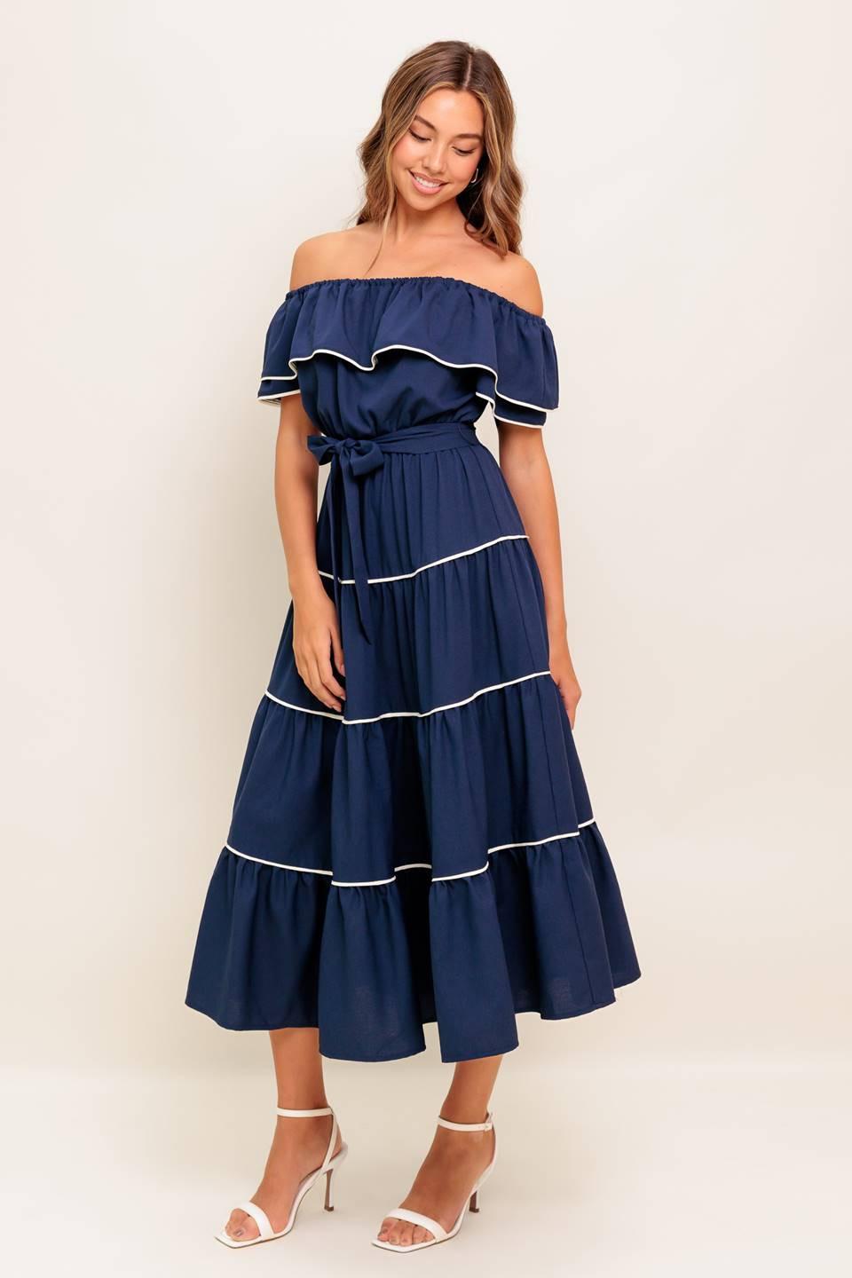 BUTTERCREAM DREAM NAVY WOVEN MIDI DRESS Flying Tomato
