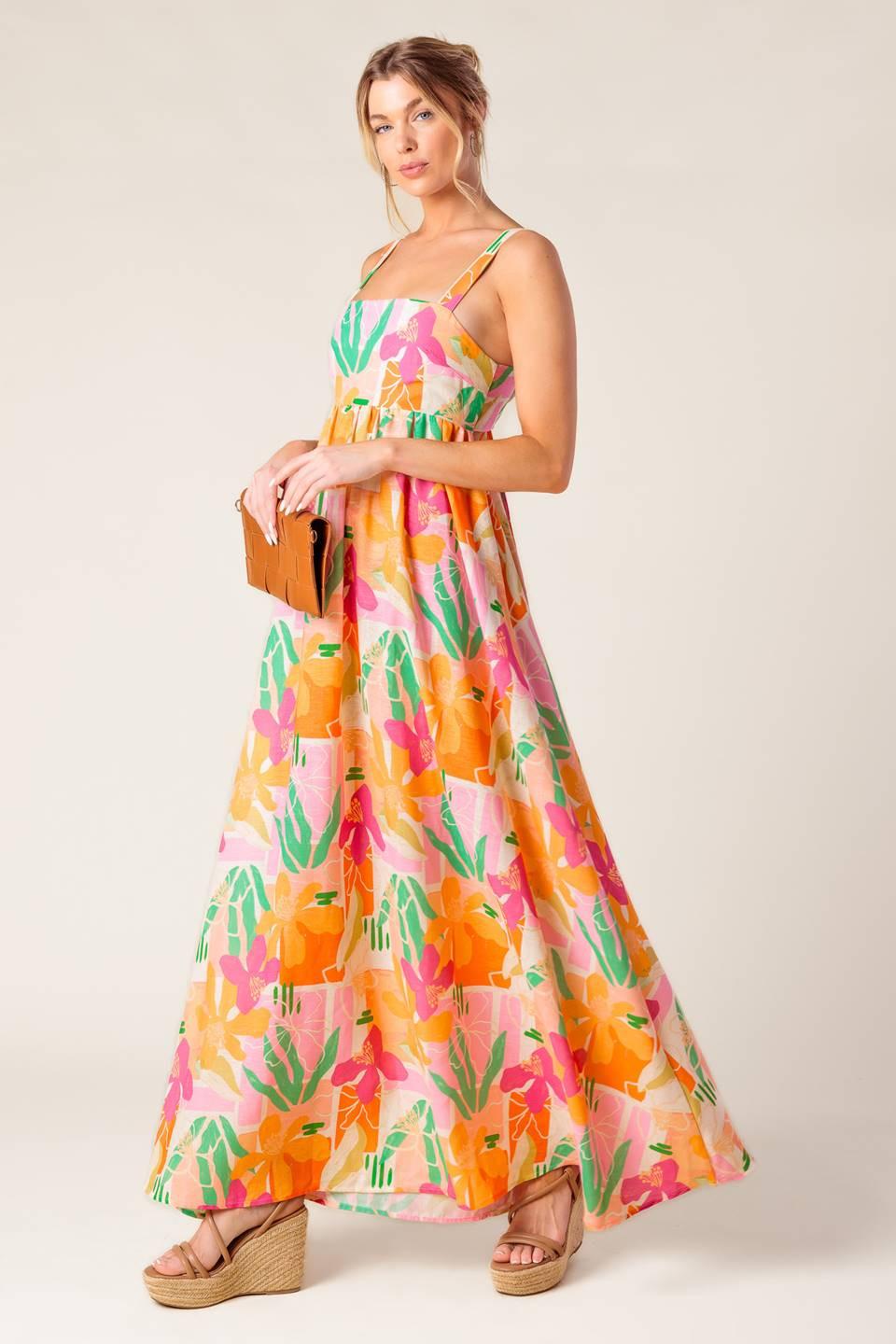 BON VOYAGE PINK ORANGE WOVEN MAXI DRESS Flying Tomato