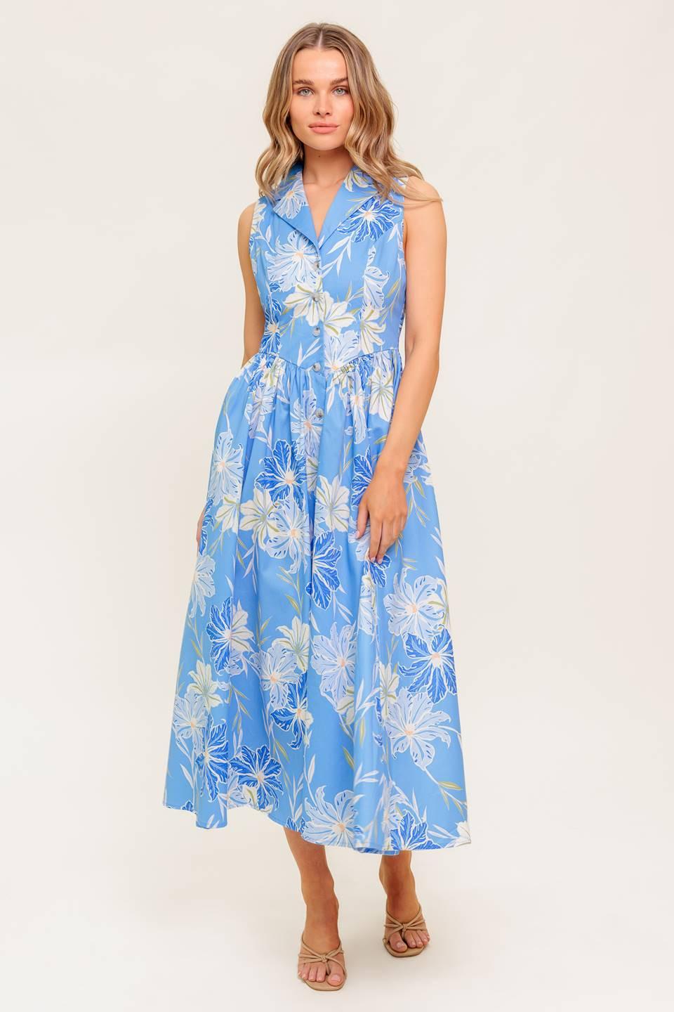 FERN WHISPER BLUE WOVEN MIDI DRESS Flying Tomato