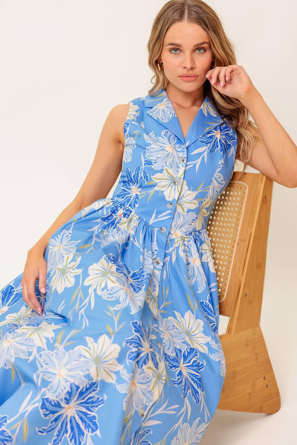 FERN WHISPER BLUE WOVEN MIDI DRESS Flying Tomato