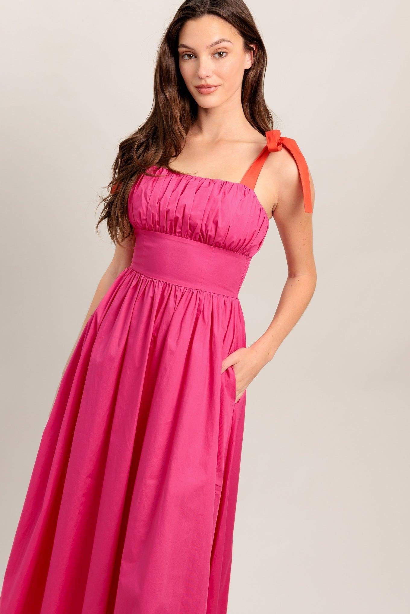 EVENING DELIGHTS FUCHSIA WOVEN MIDI DRESS Flying Tomato