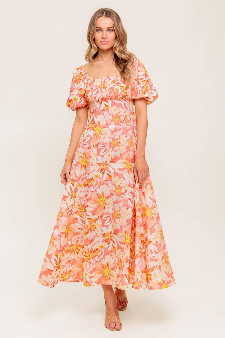 OCEAN FLORALS CORAL WOVEN MIDI DRESS Flying Tomato
