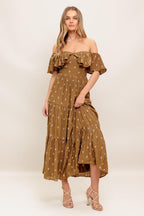 BELLE AMOUR BROWN WOVEN MIDI DRESS Flying Tomato