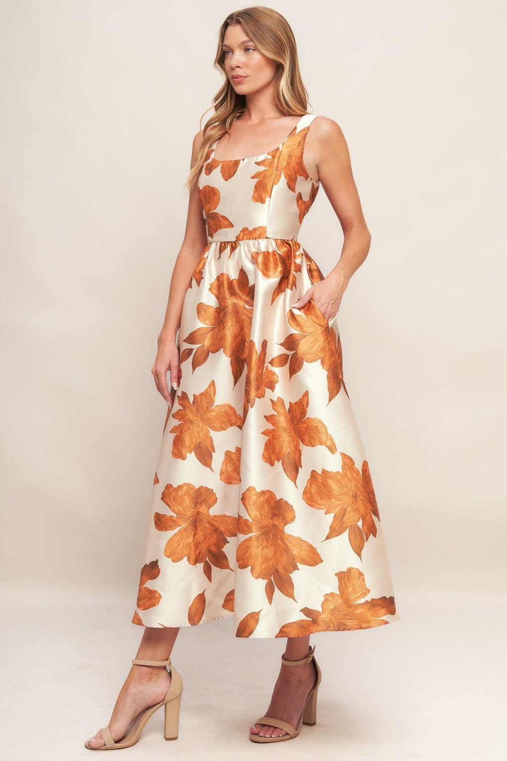 AUTUMNAL FLORAL WOVEN MIDI DRESS Flying Tomato