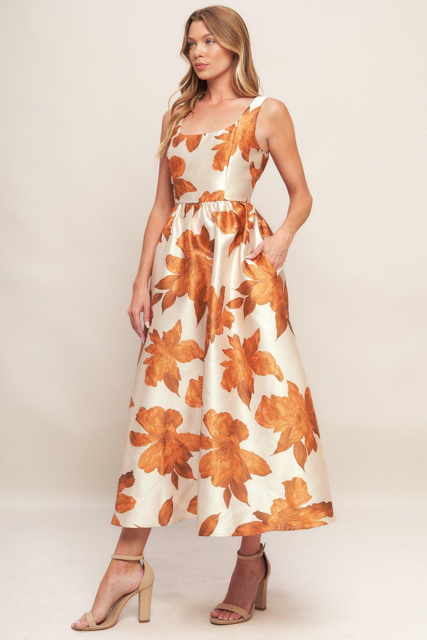 AUTUMNAL FLORAL WOVEN MIDI DRESS Flying Tomato
