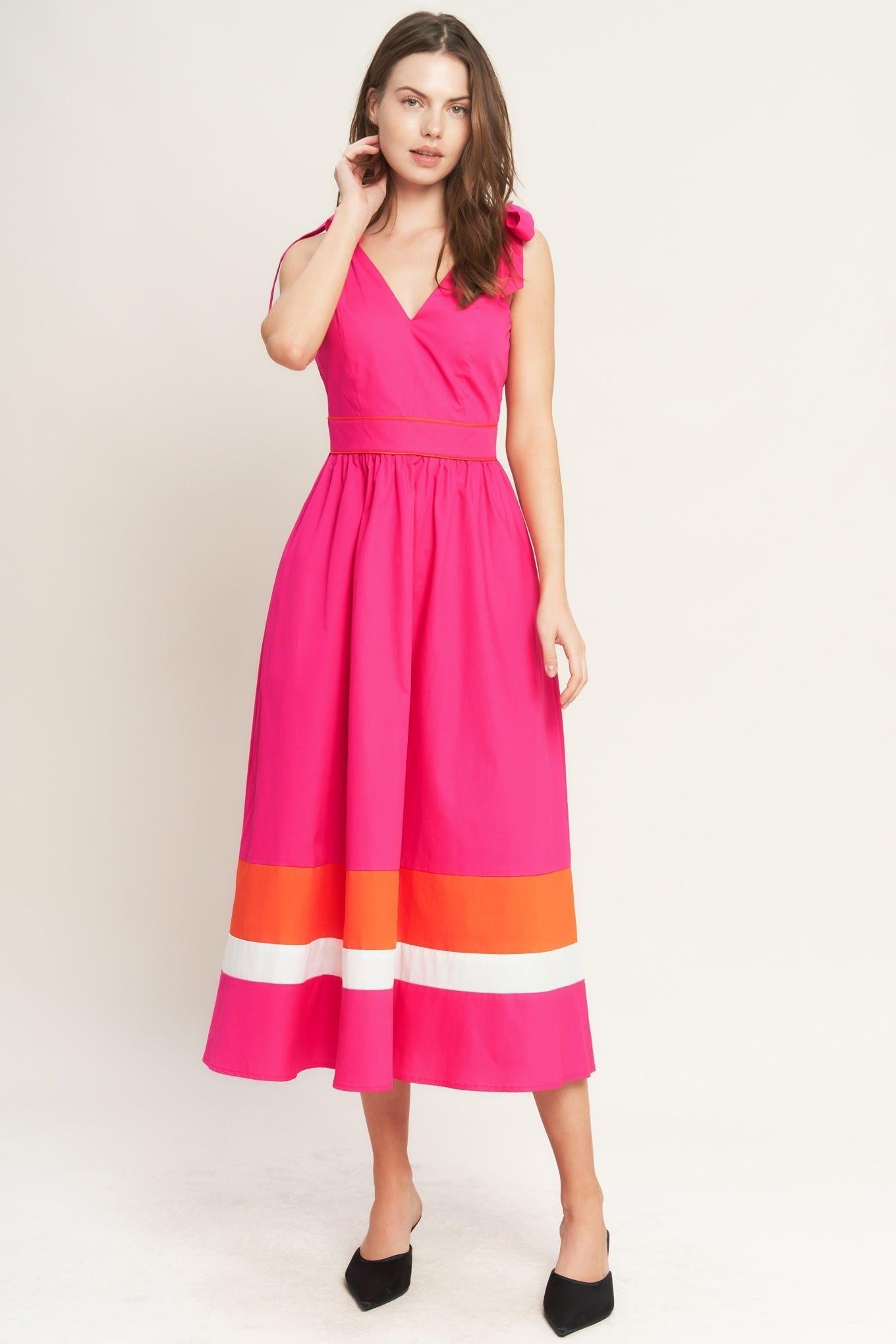FOREST CHARM FUCHSIA ORANGE WOVEN MIDI DRESS Flying Tomato