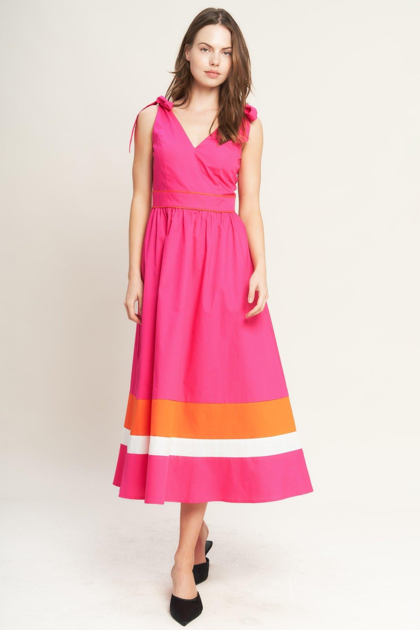 FOREST CHARM FUCHSIA ORANGE WOVEN MIDI DRESS Flying Tomato