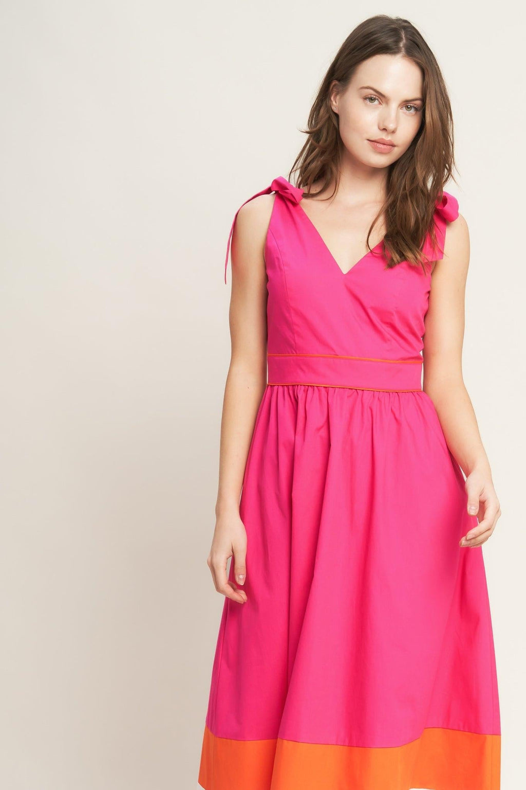 FOREST CHARM FUCHSIA ORANGE WOVEN MIDI DRESS Flying Tomato