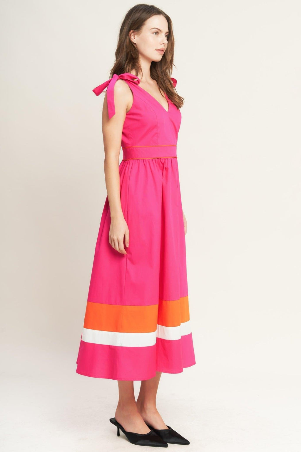 FOREST CHARM FUCHSIA ORANGE WOVEN MIDI DRESS Flying Tomato