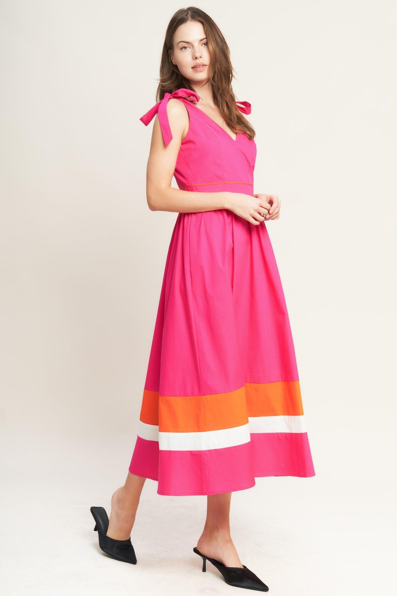 FOREST CHARM FUCHSIA ORANGE WOVEN MIDI DRESS Flying Tomato