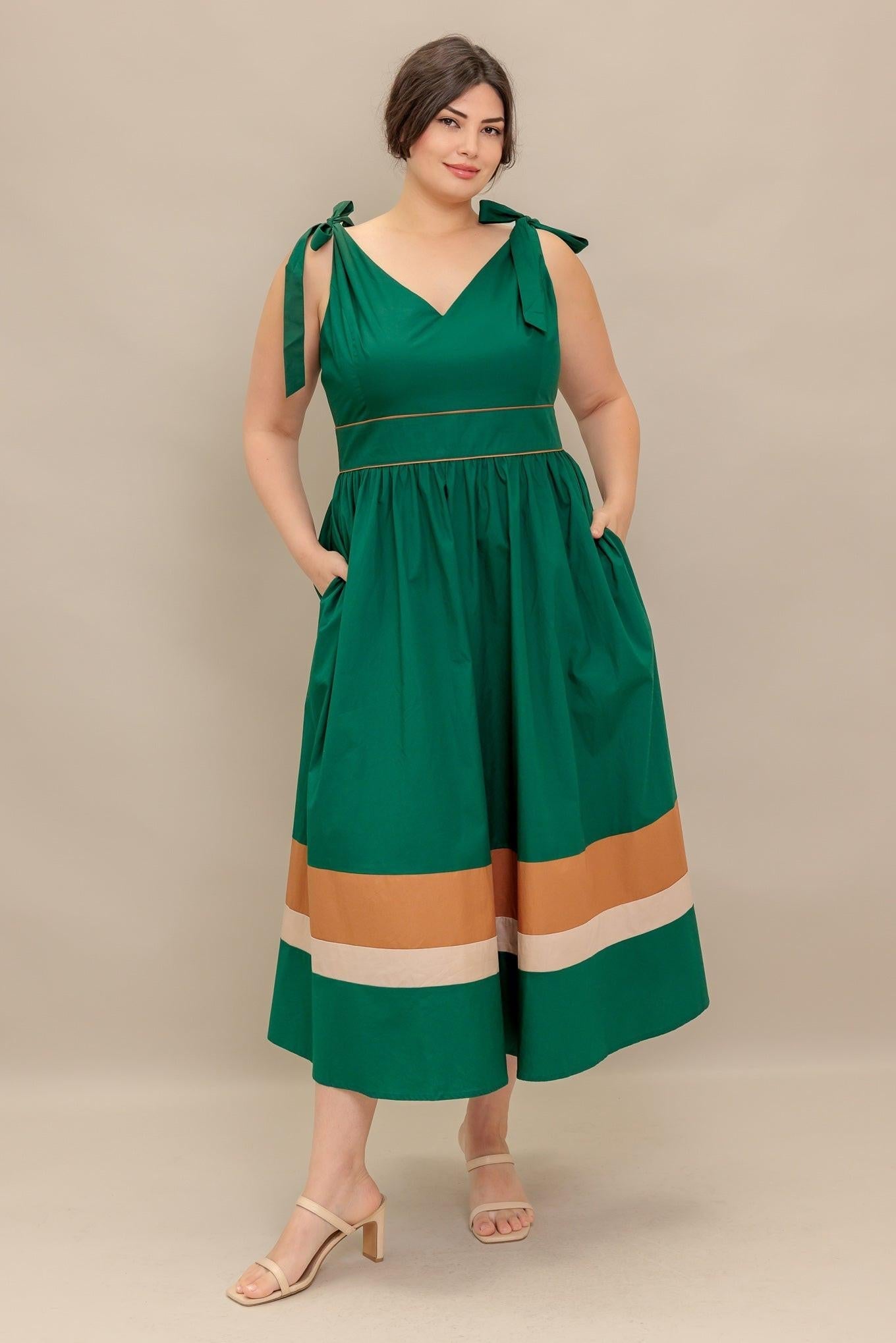 FOREST CHARM WOVEN COLOR BLOCKED MIDI DRESS Flying Tomato