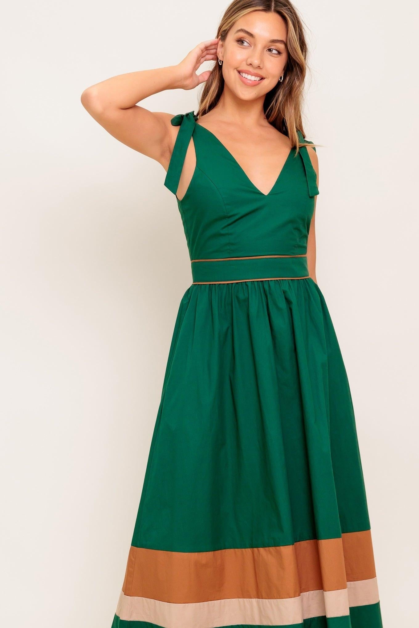 FOREST CHARM WOVEN COLOR BLOCKED MIDI DRESS Flying Tomato