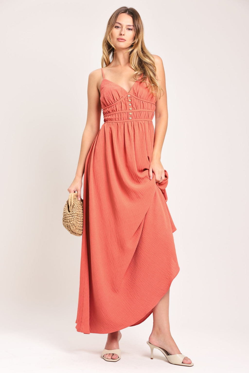 CORAL BLOSSOM WOVEN MAXI DRESS Flying Tomato