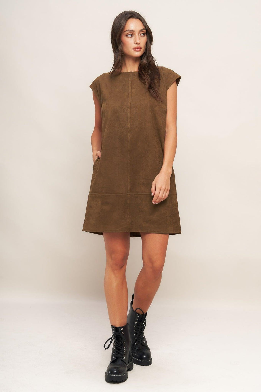 QUIET LUXURY EDGE FAUX SUEDE MIDI SHIFT DRESS Flying Tomato