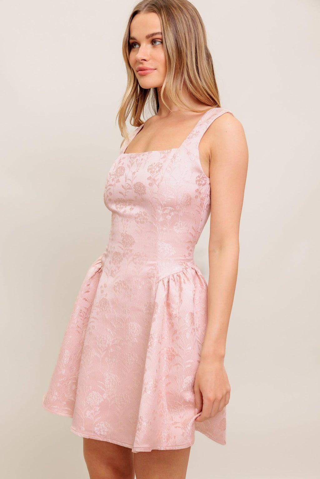 SWEET BLOOM WOVEN JACQUARD SATIN MINI DRESS Flying Tomato