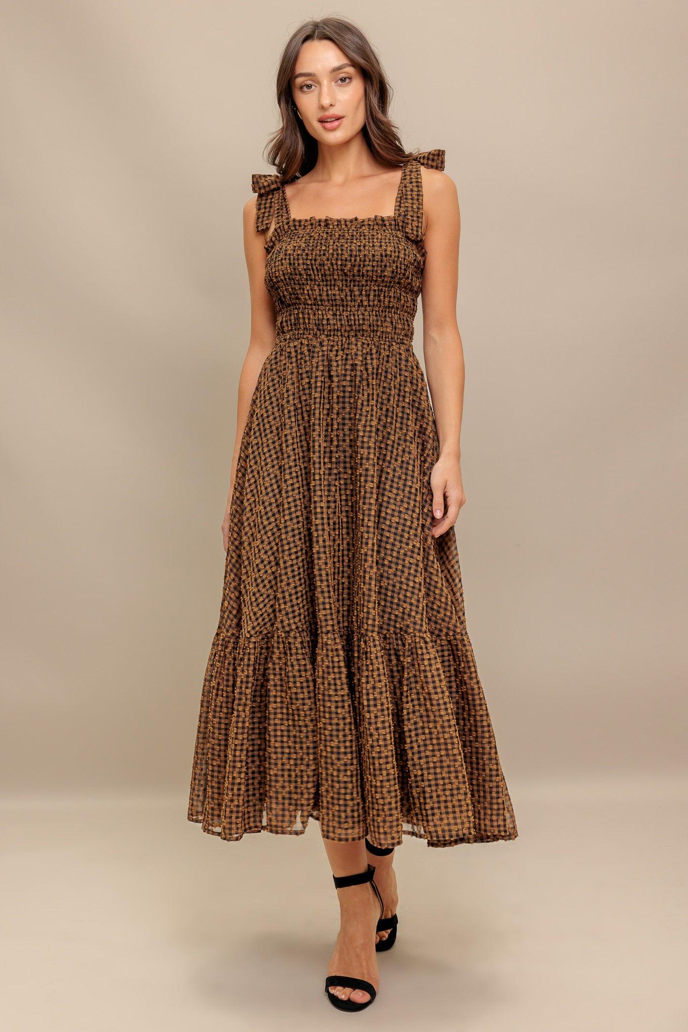 CHECKED DAYDREAM WOVEN MIDI DRESS Flying Tomato