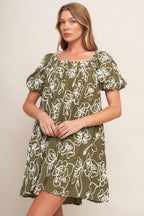 BOTANICAL OUTLINE WOVEN MINI DRESS Flying Tomato