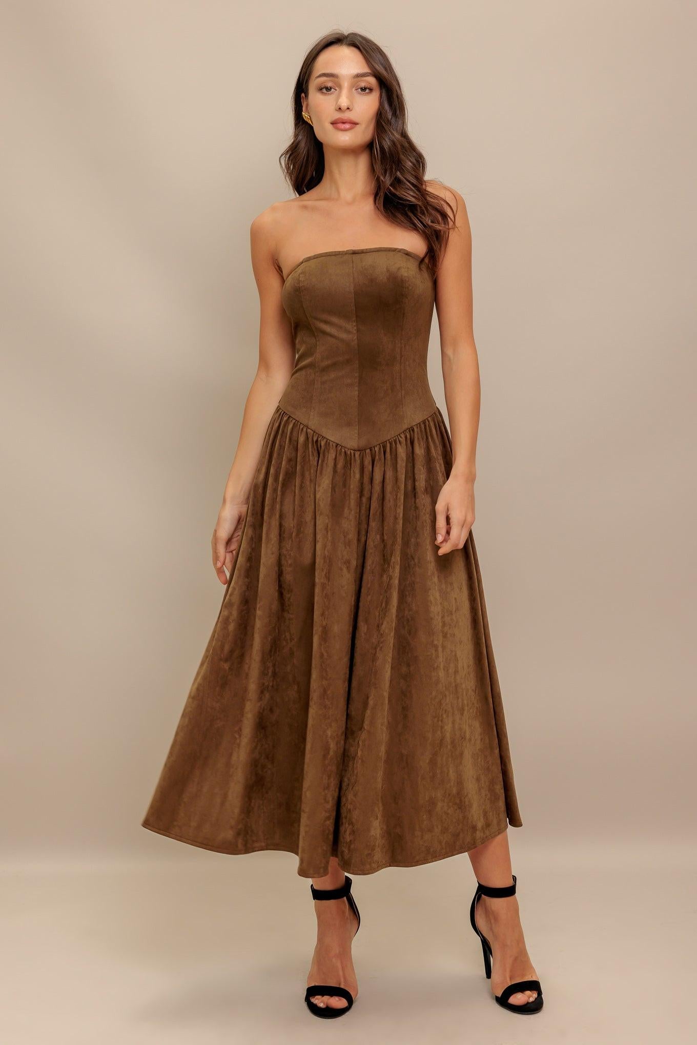 WILD ESPRESSO FAUX SUEDE MIDI DRESS Flying Tomato