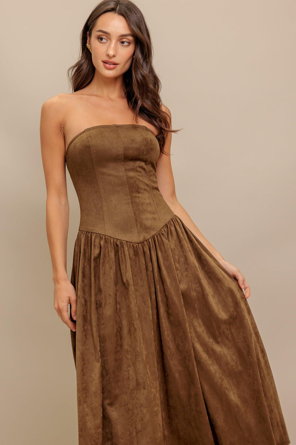 WILD ESPRESSO FAUX SUEDE MIDI DRESS Flying Tomato