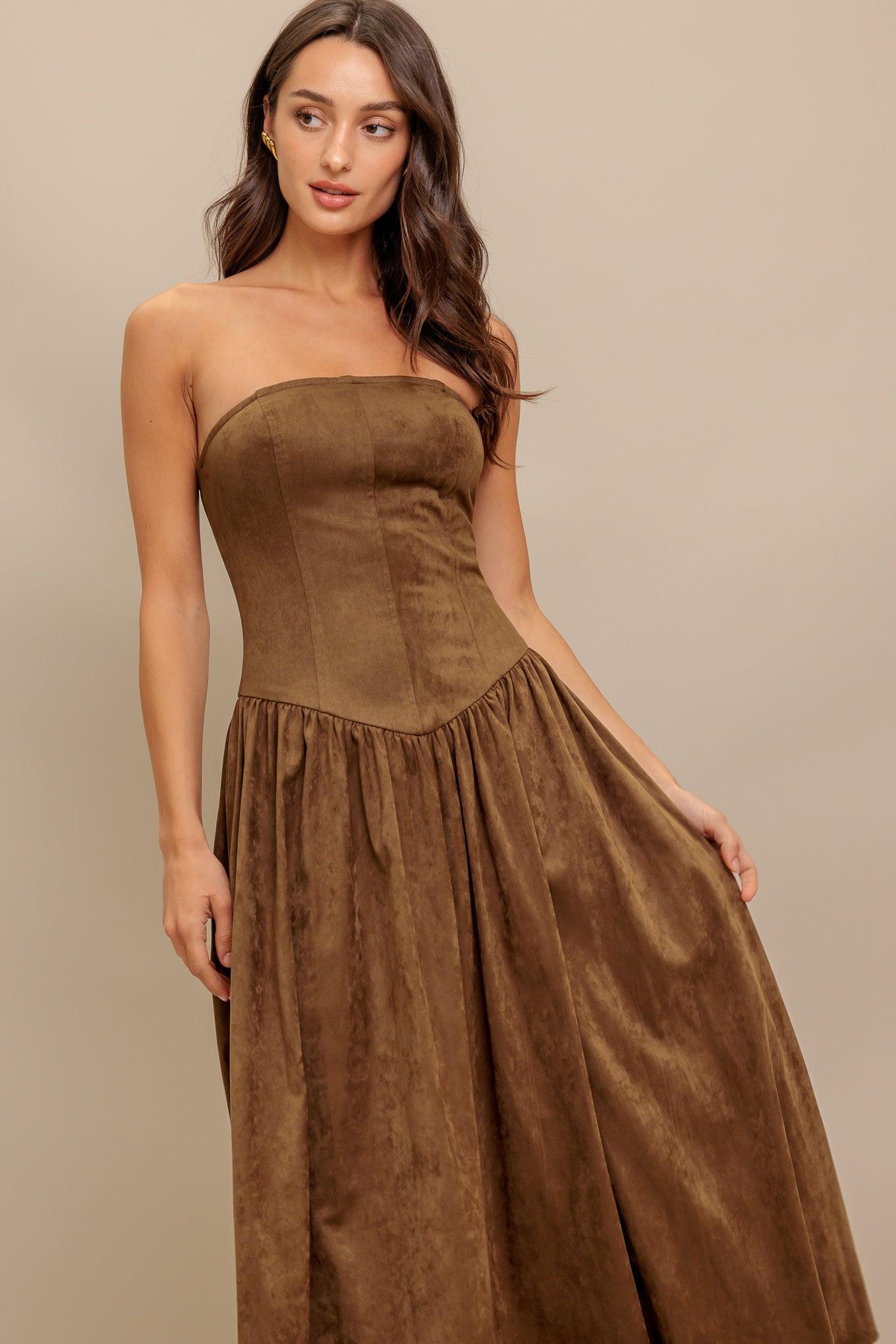 WILD ESPRESSO FAUX SUEDE MIDI DRESS Flying Tomato