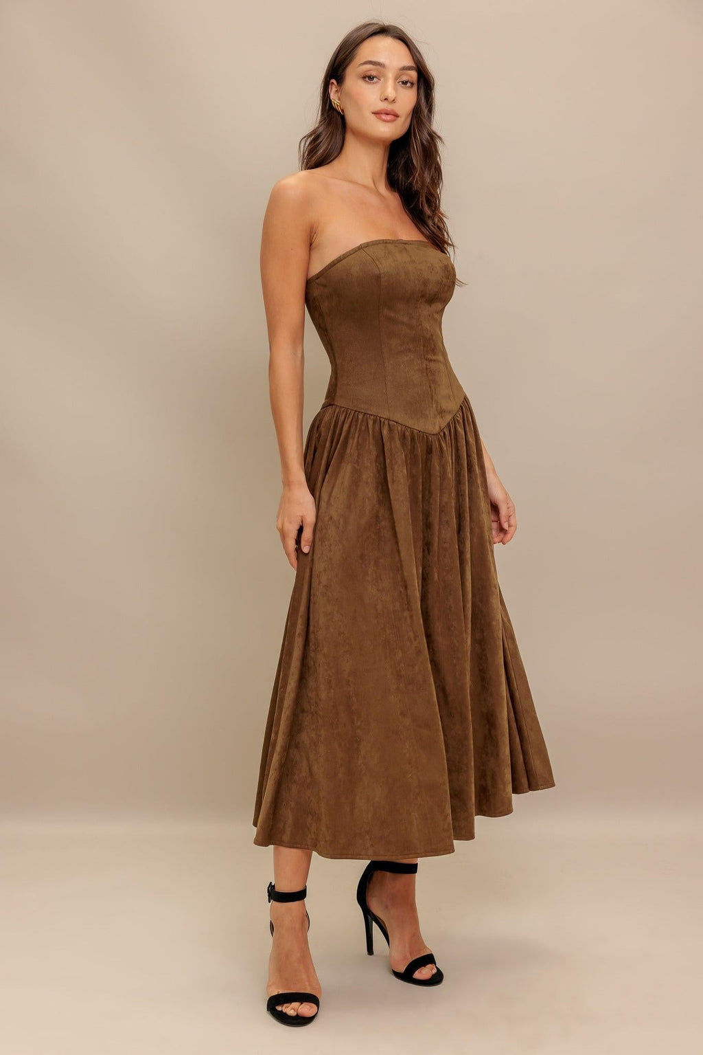 WILD ESPRESSO FAUX SUEDE MIDI DRESS Flying Tomato