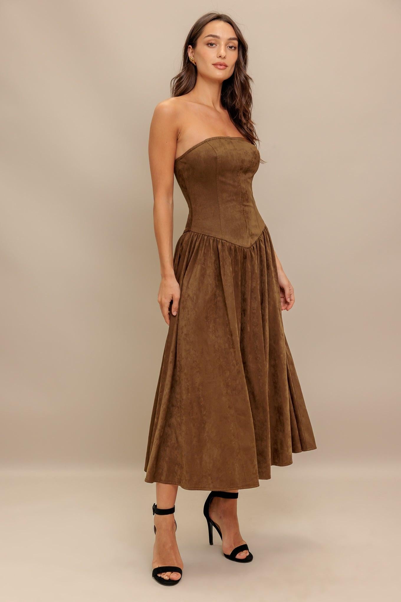 WILD ESPRESSO FAUX SUEDE MIDI DRESS Flying Tomato