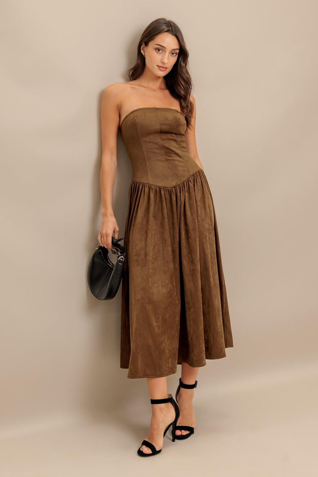 WILD ESPRESSO FAUX SUEDE MIDI DRESS Flying Tomato