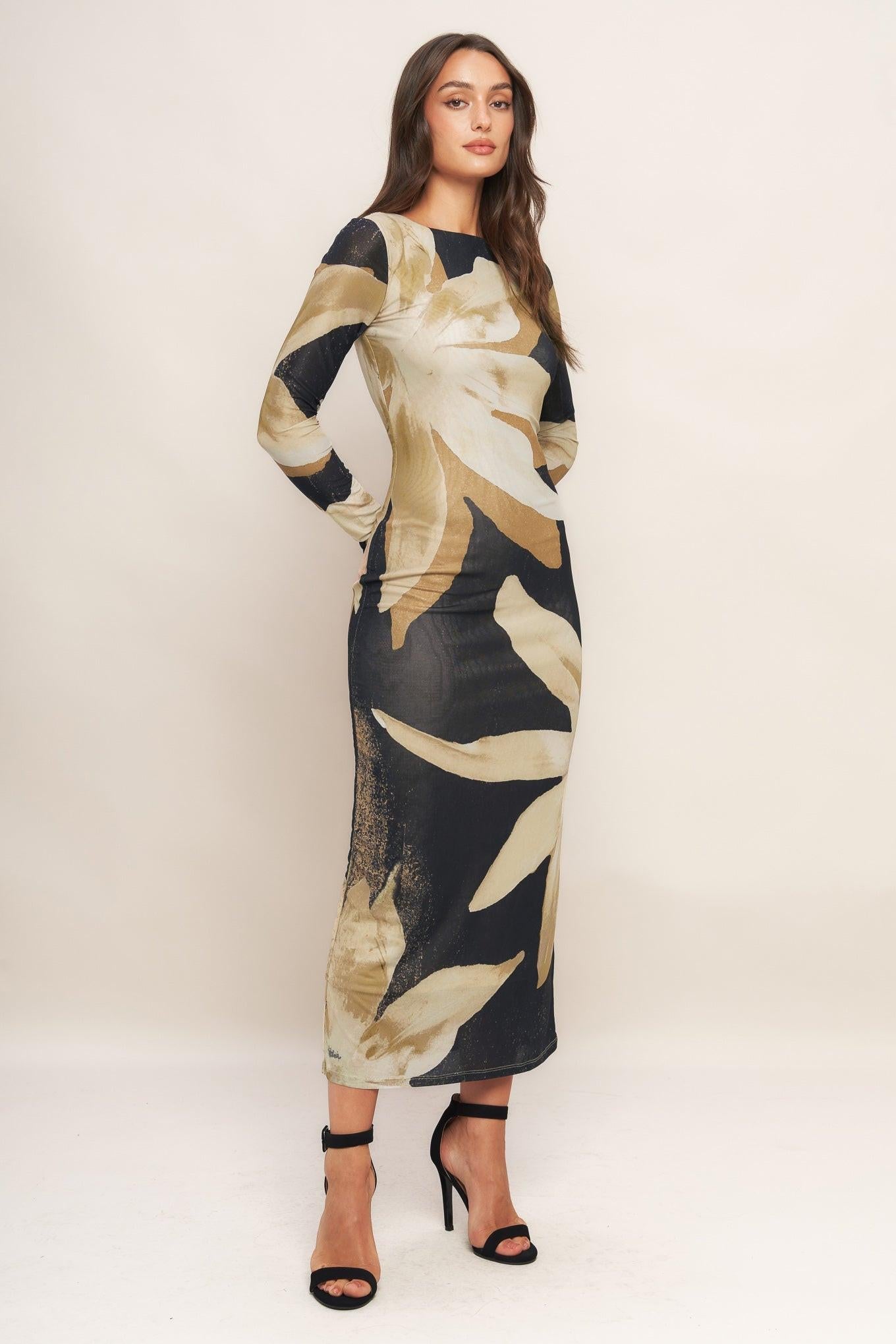 ABSTRACT BOTANICA POWER MESH MIDI DRESS Flying Tomato
