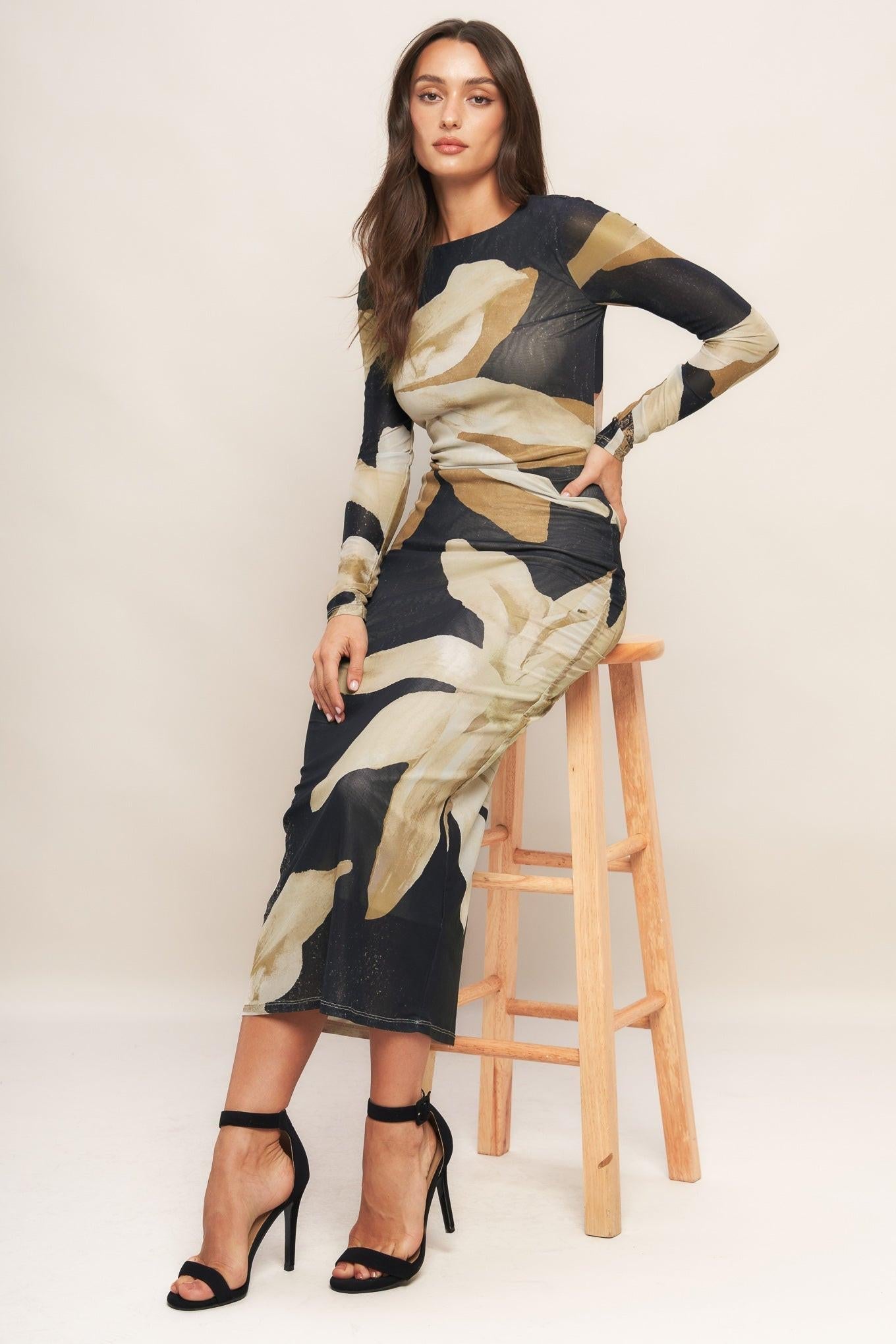ABSTRACT BOTANICA POWER MESH MIDI DRESS Flying Tomato