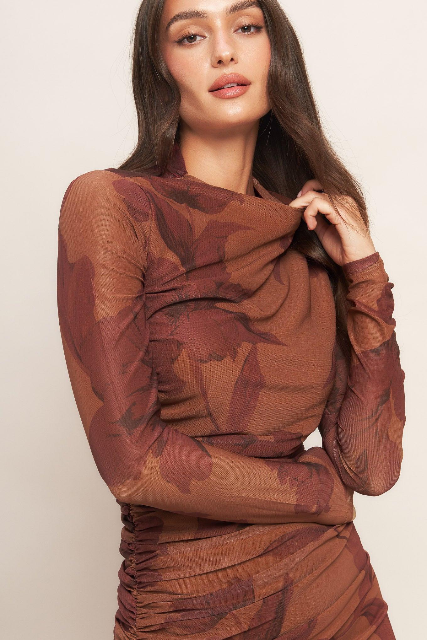 AMBER FLORA POWER MESH MIDI DRESS Flying Tomato