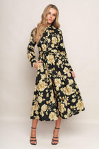 MIDNIGHT BLOOM BLACK WOVEN MIDI DRESS Flying Tomato