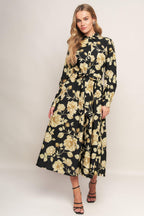 MIDNIGHT BLOOM BLACK WOVEN MIDI DRESS Flying Tomato