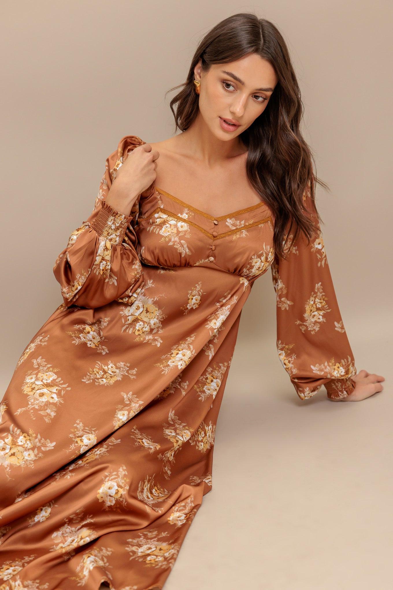 CARAMEL SUNSET WOVEN MIDI DRESS Flying Tomato