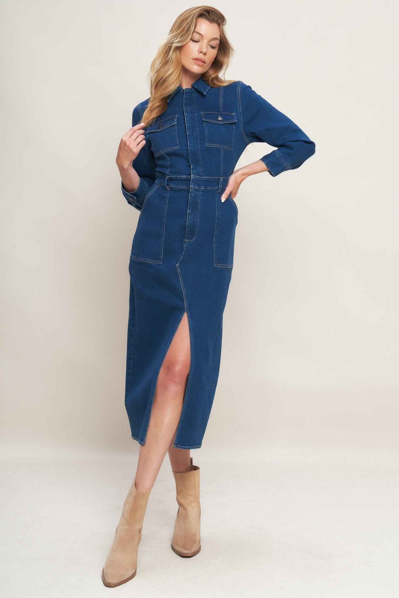 MIDNIGHT DARK INDIGO DENIM MIDI DRESS Flying Tomato