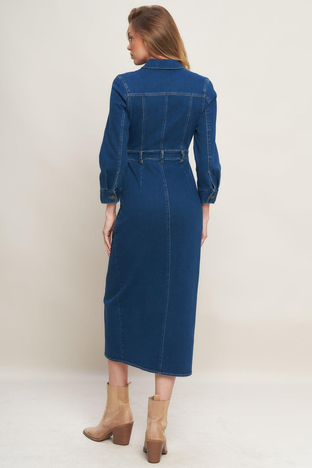 MIDNIGHT DARK INDIGO DENIM MIDI DRESS Flying Tomato