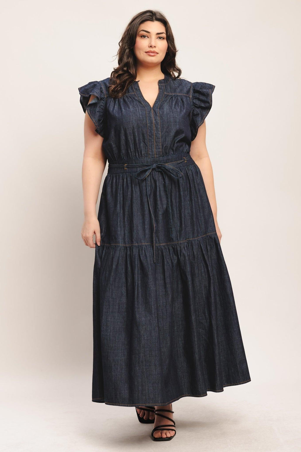 POWER DENIM GODDESS DARK INDIGO MIDI DRESS Flying Tomato