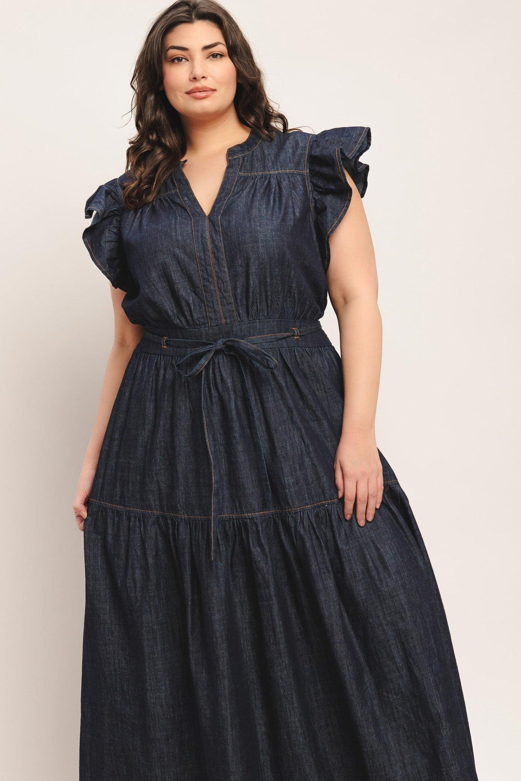 POWER DENIM GODDESS DARK INDIGO MIDI DRESS Flying Tomato