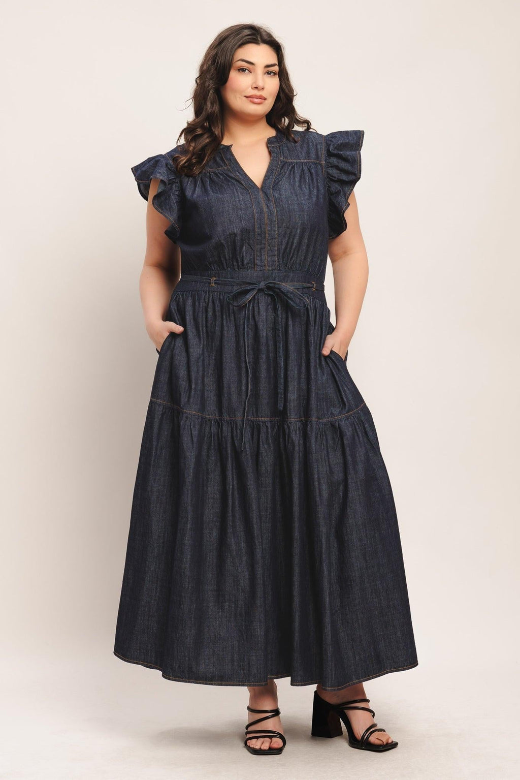 POWER DENIM GODDESS DARK INDIGO MIDI DRESS Flying Tomato