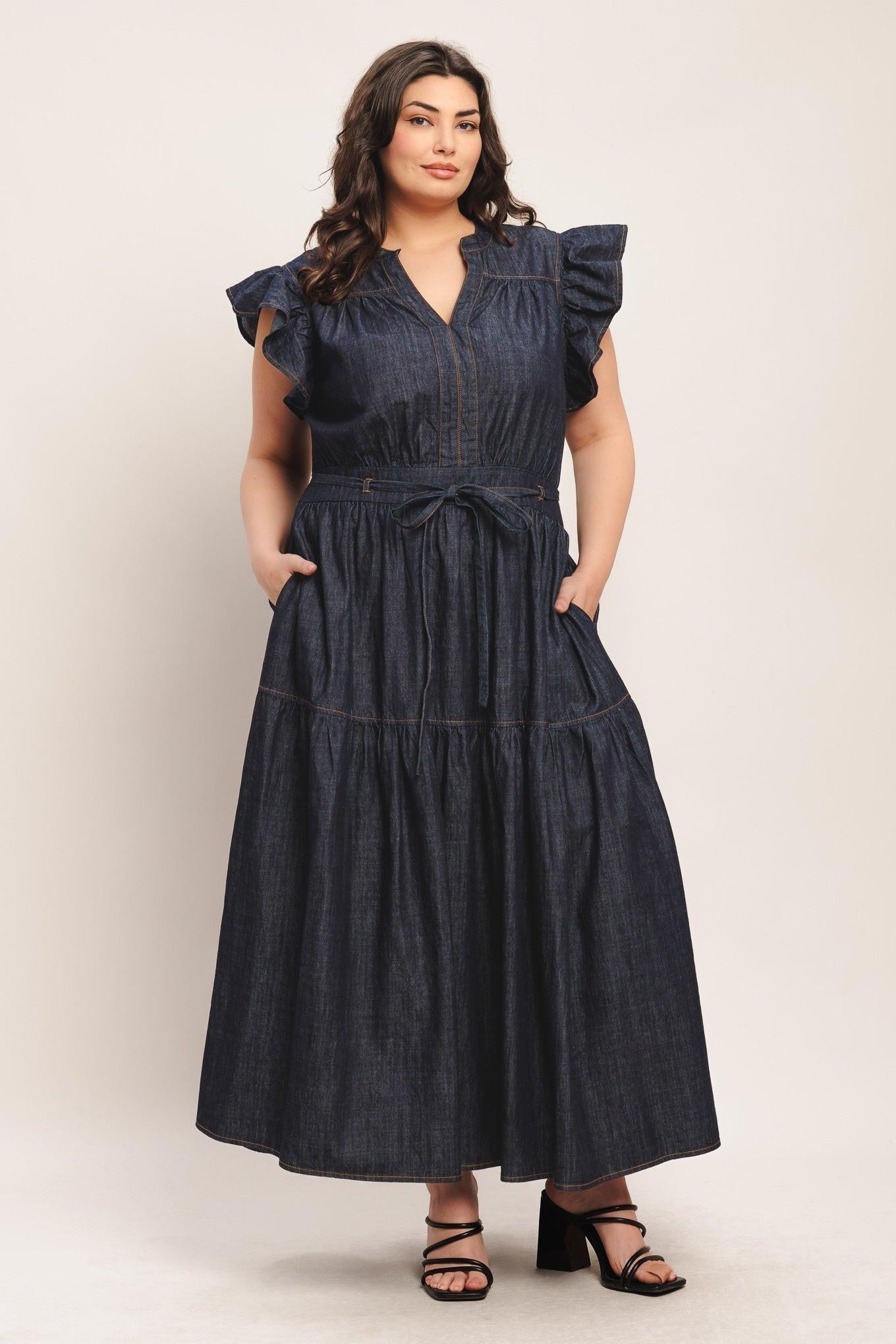 POWER DENIM GODDESS DARK INDIGO MIDI DRESS Flying Tomato