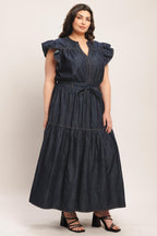 POWER DENIM GODDESS DARK INDIGO MIDI DRESS Flying Tomato