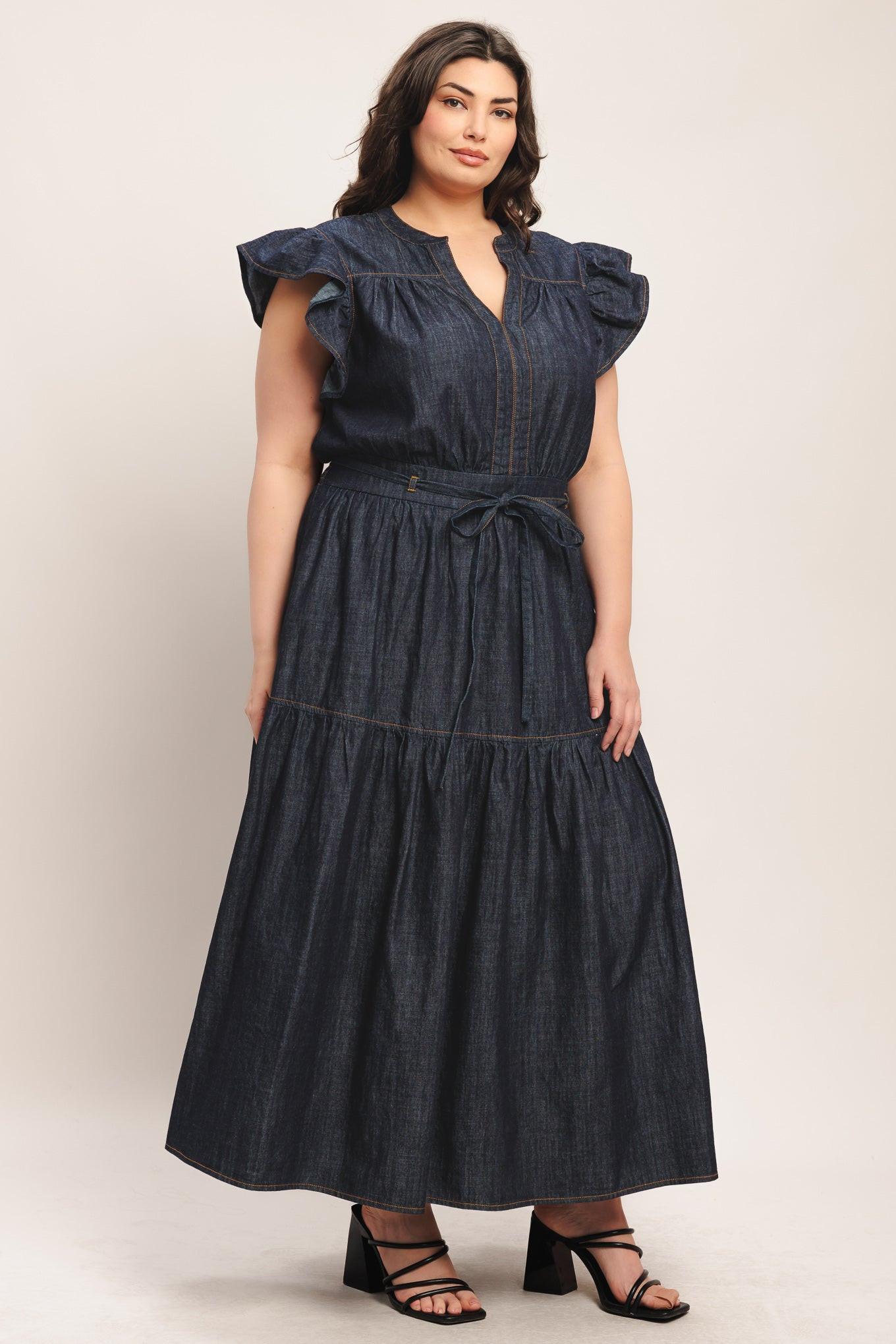 POWER DENIM GODDESS DARK INDIGO MIDI DRESS Flying Tomato