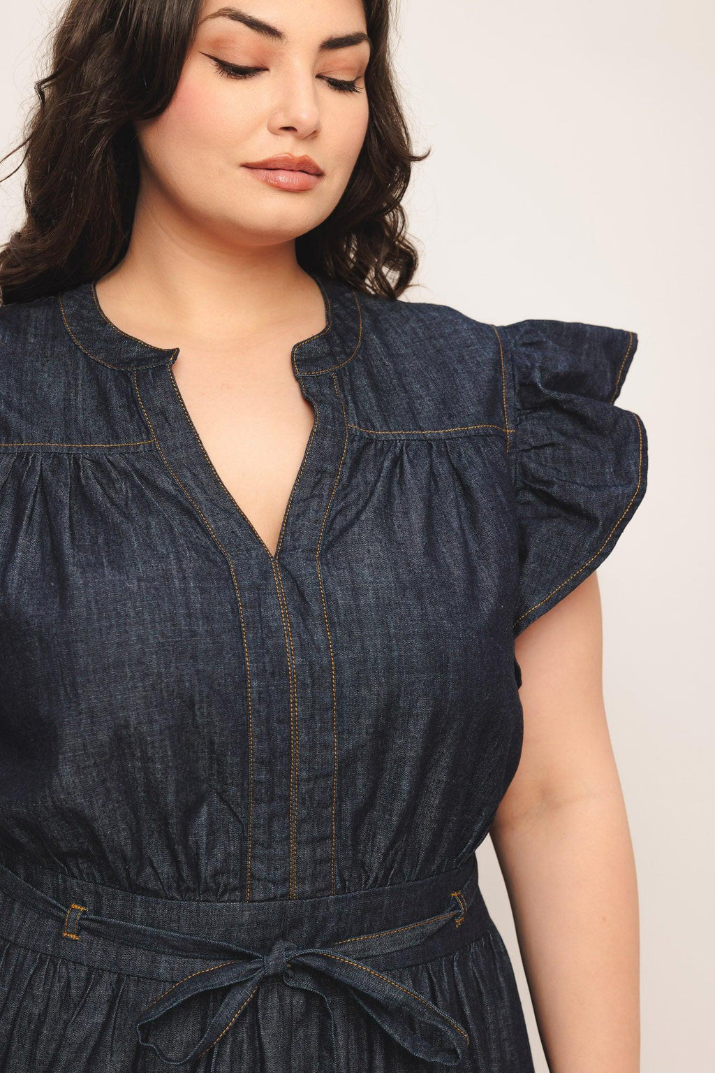 POWER DENIM GODDESS DARK INDIGO MIDI DRESS Flying Tomato