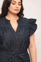 POWER DENIM GODDESS DARK INDIGO MIDI DRESS Flying Tomato