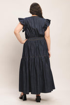 POWER DENIM GODDESS DARK INDIGO MIDI DRESS Flying Tomato