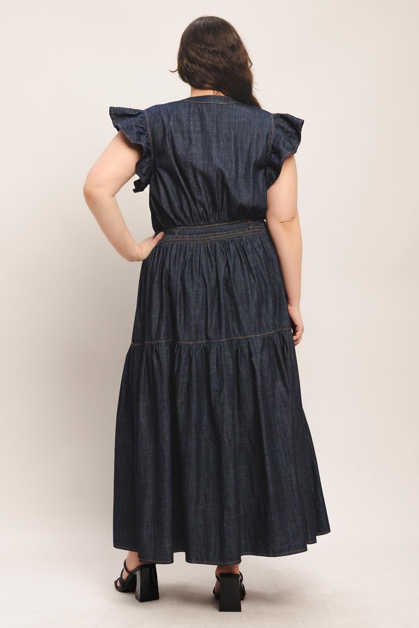 POWER DENIM GODDESS DARK INDIGO MIDI DRESS Flying Tomato