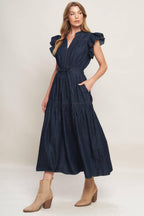 POWER DENIM GODDESS DARK INDIGO MIDI DRESS Flying Tomato